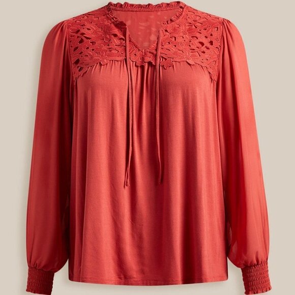 Torrid - Super Soft Chiffon Sleeve Lace Inset Tie Detail Top in Baked Apple - Picture 13 of 13